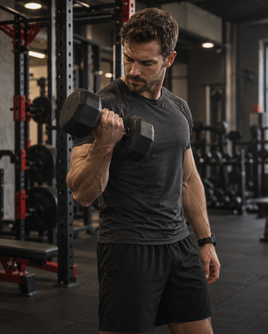 Sportif réalisant un exercice avec haltères dans une salle de sport